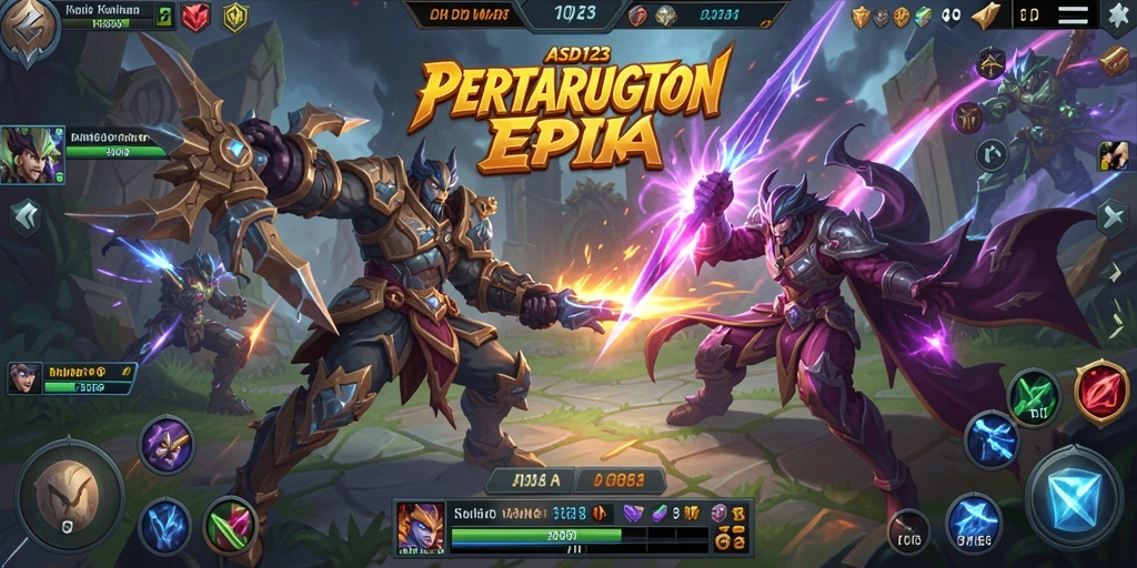 Tampilan gameplay seru dalam pertarungan tim MOBA.