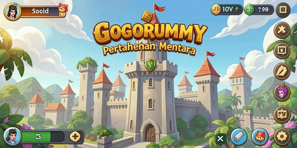 Screenshot GOGORUMMY menampilkan momen seru dalam pertempuran Tower Defense.