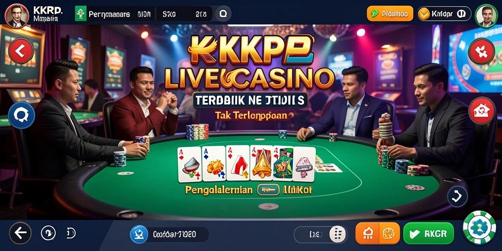 Screenshot gameplay KKRP menunjukkan dealer profesional dan suasana kasino yang hidup.