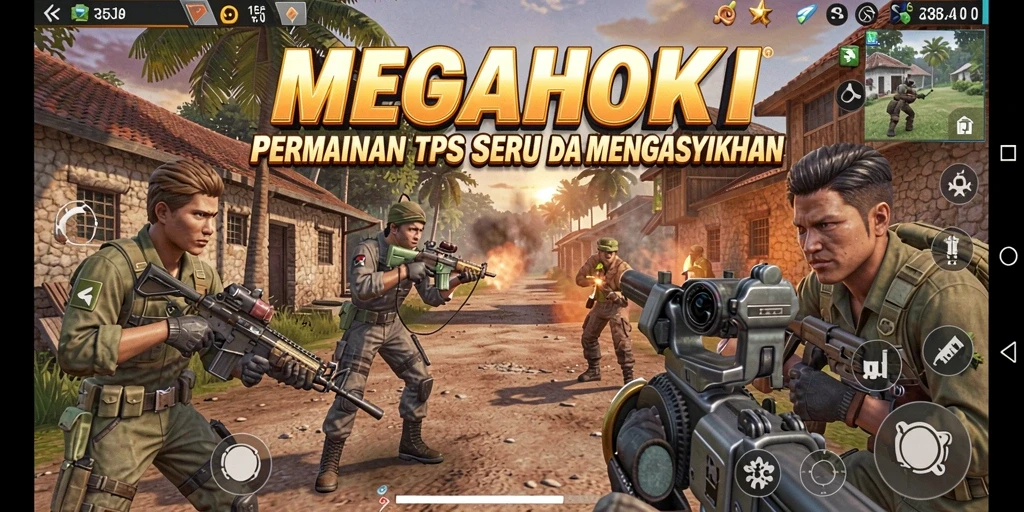 Tampilan seru dari gameplay MEGAHOKI yang menampilkan aksi TPS.