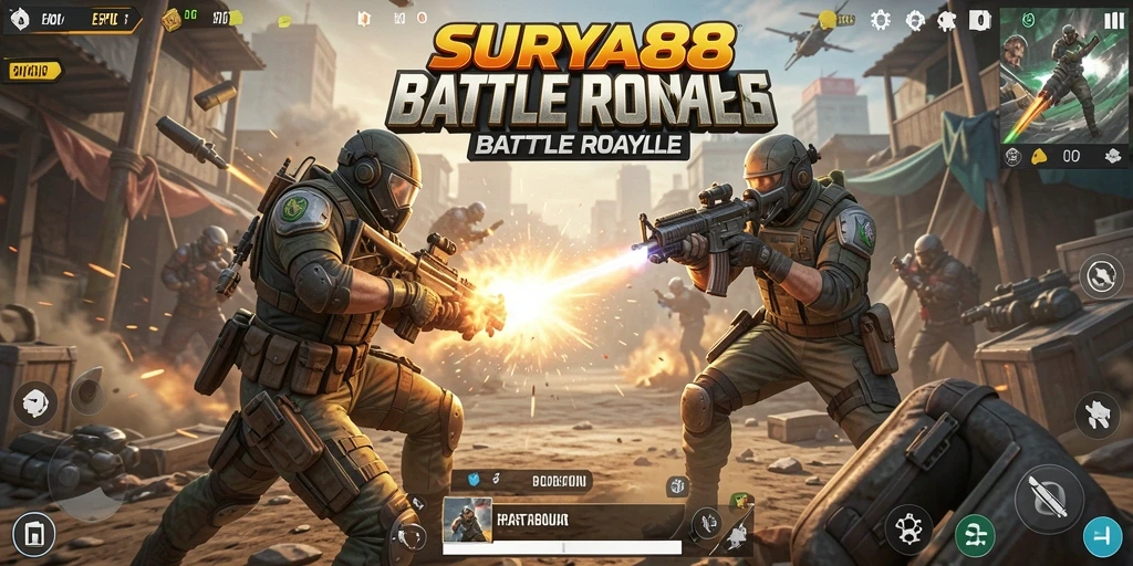 Tampilan gameplay menegangkan dari SURYA88 dalam pertempuran Battle Royale.