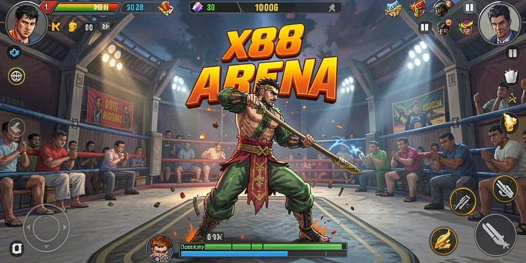 Screenshot X88 menampilkan karakter bertarung dalam aksi mendebarkan.